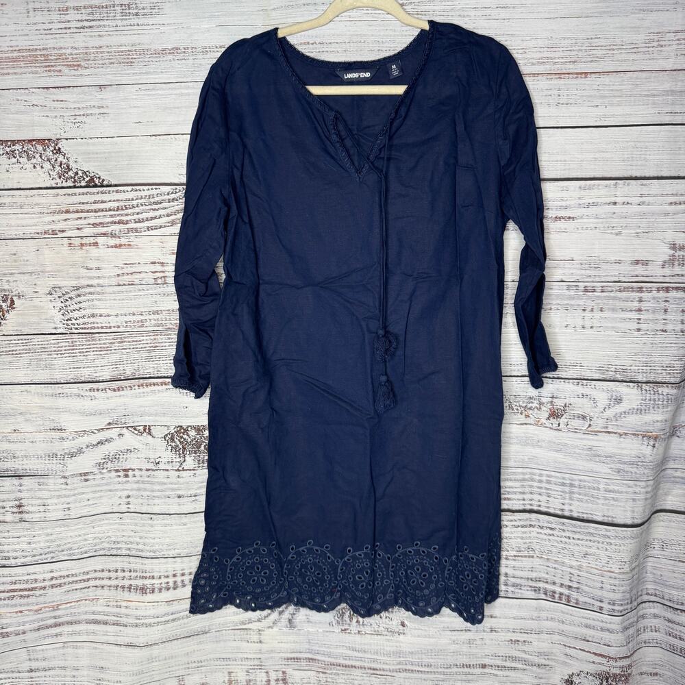 Lands End Navy Blue Linen Blend Long Sleeve Shirt Dress M